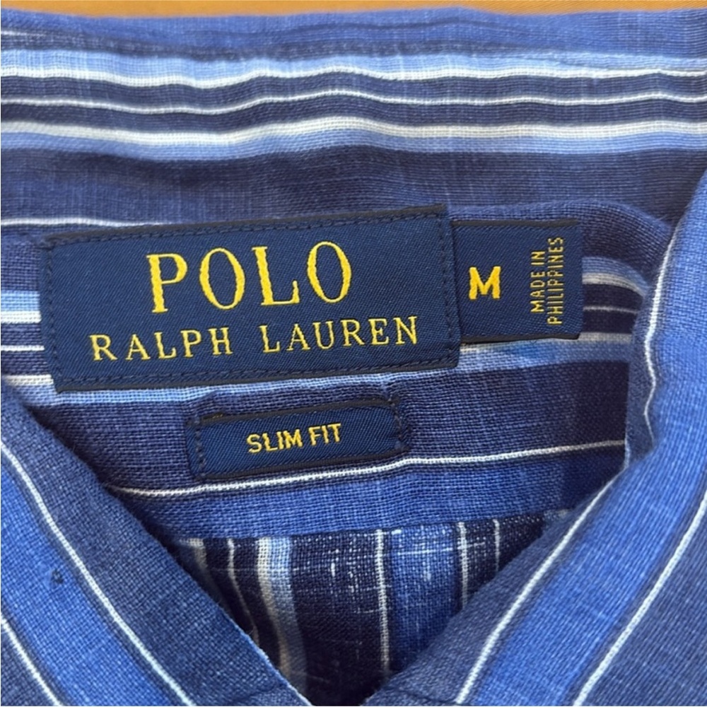 Polo Ralph Lauren 100% Linen Men's Blue Striped Button Up Current Shirt Sz M - Picture 6 of 8